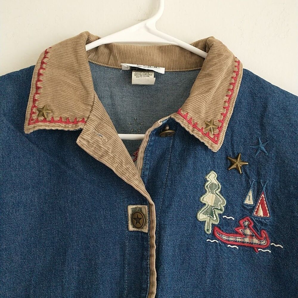 Vtg Teddi Chore Jacket Womens M Blue Denim Embroidered Heart Pocket Corduroy 90s - Picture 3 of 9